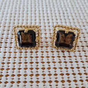 Vintage Smoky Quartz Gold Tone Cufflinks Men's Square Faceted Gemstone